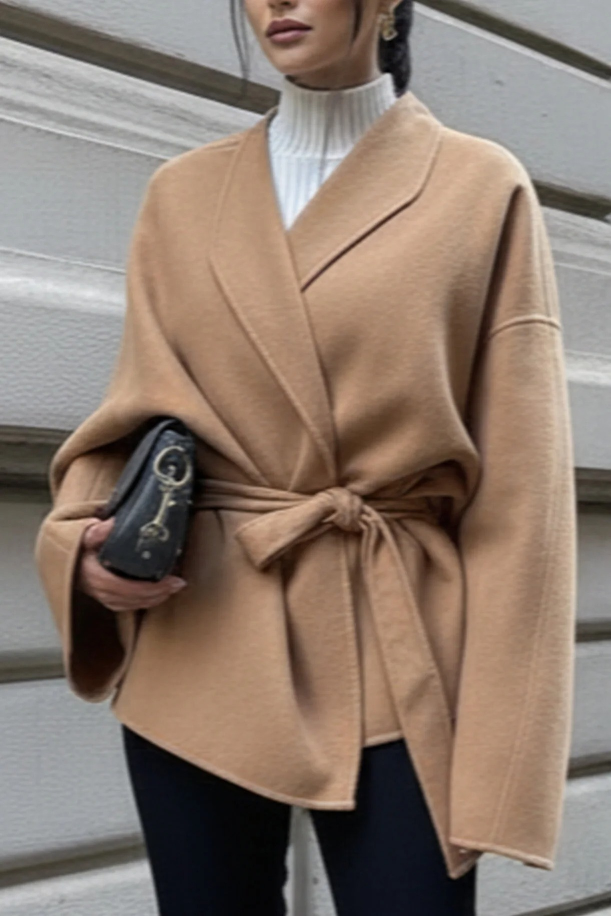 Kadın Belden Bağlamalı Oversize Ceket - Kahverengi Kaşe Kaban - 0229