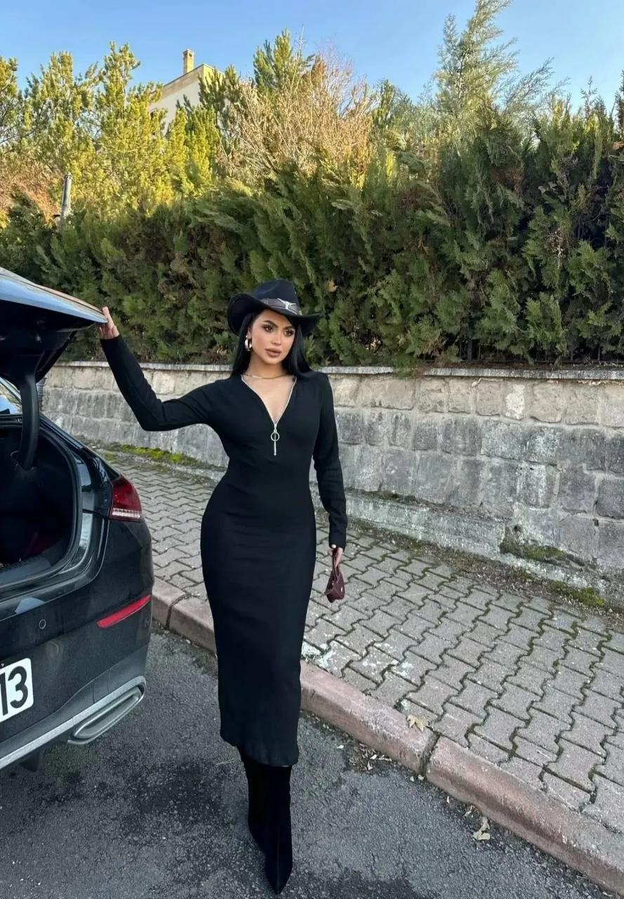 Fermuarlı Fitilli Şardonlu Kış-Bahar Elbise - 0279