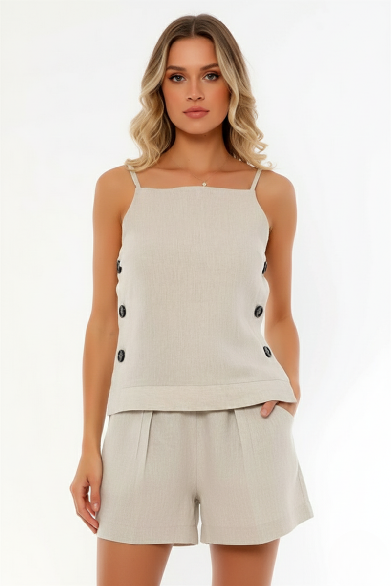 Ayarlanabilir Askılı Yanları Düğmeli Düz Rahat Bluz