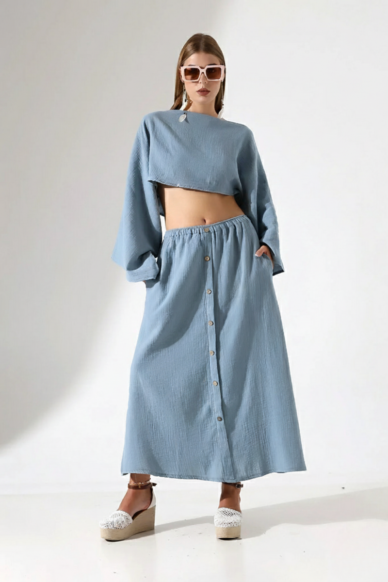 Bohem Tarz Kokonat Düğmeli A Form Müslin Etek - %100 Pamuk