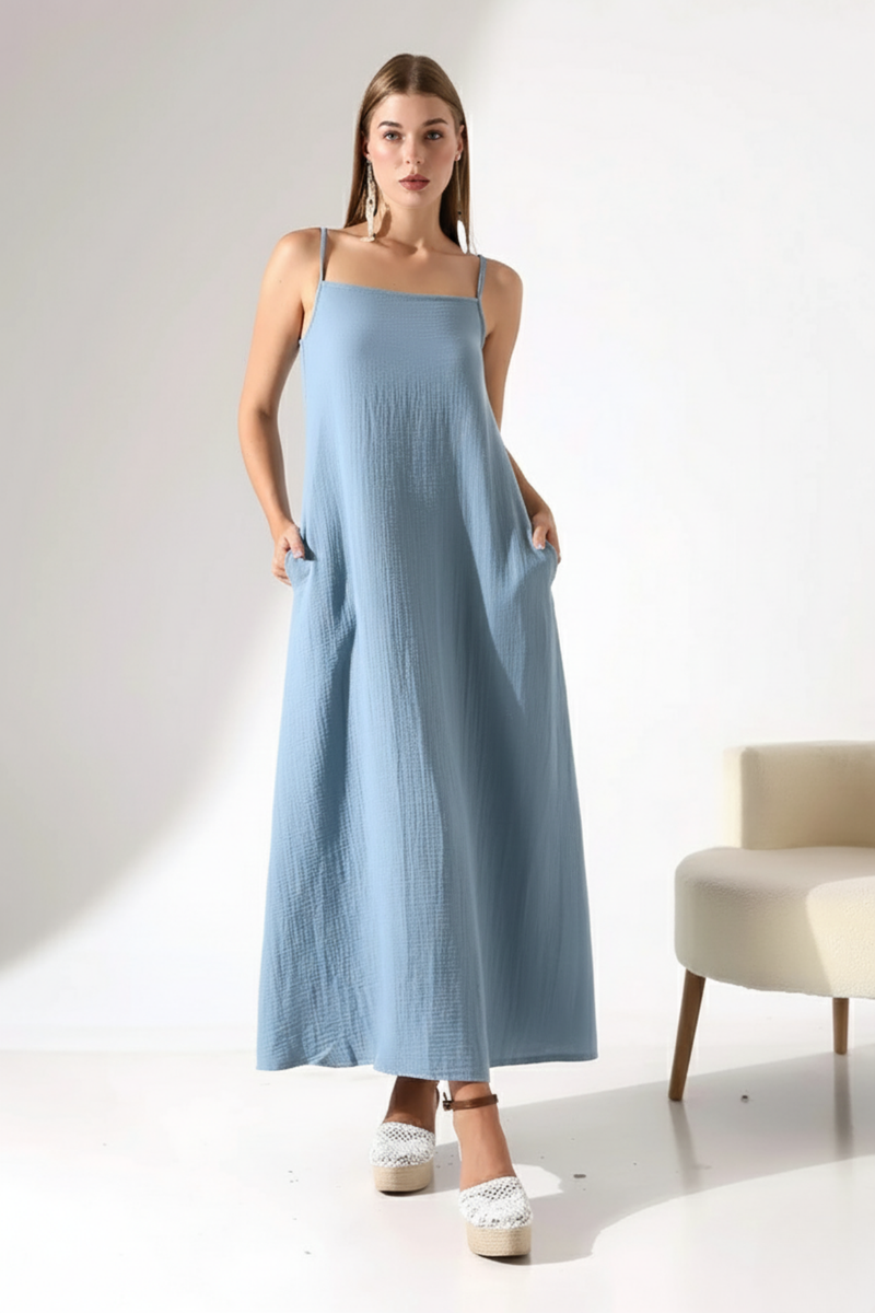 %100 Pamuk Müslin Askılı Cepli A Form Yazlık Elbise